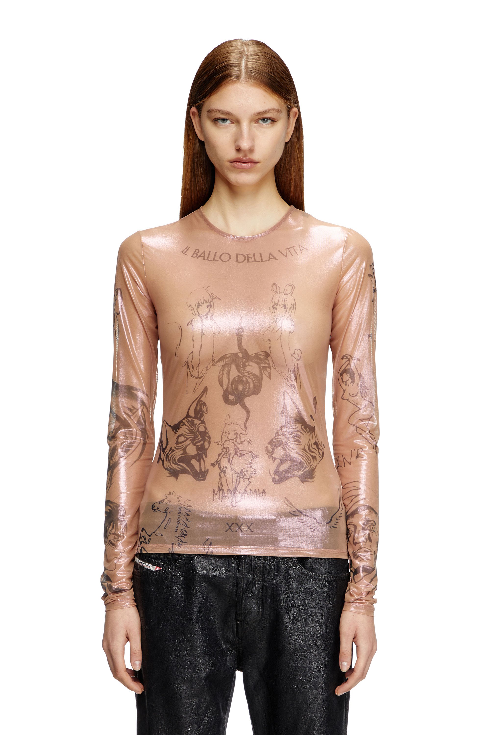 Diesel - T-CLAUDE-DD, Unisex's Tattoo top in coated stretch tulle in Pink - 6