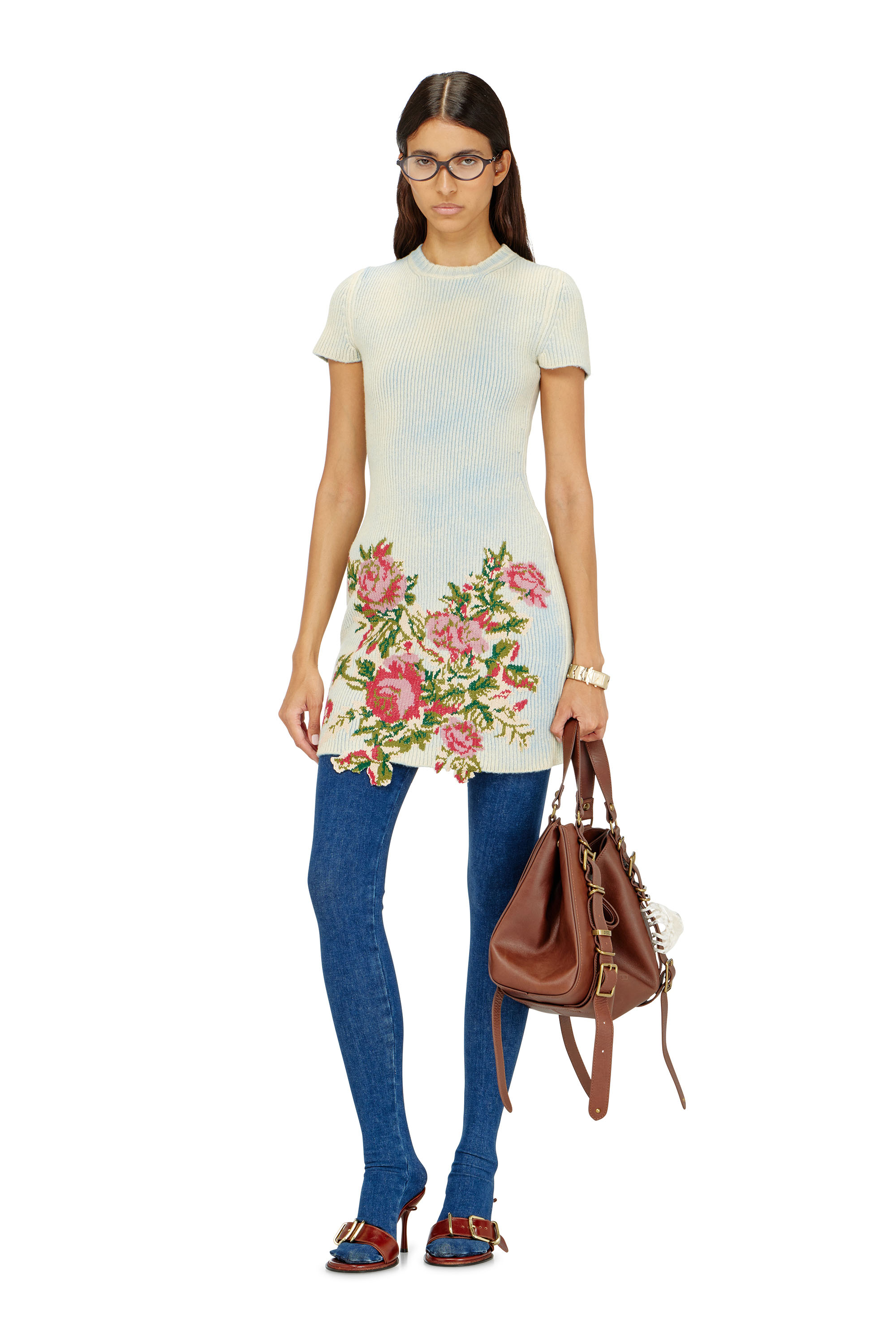 Diesel - M-RINNIE, Woman's Short dress in floral wool-blend knit in White - 2