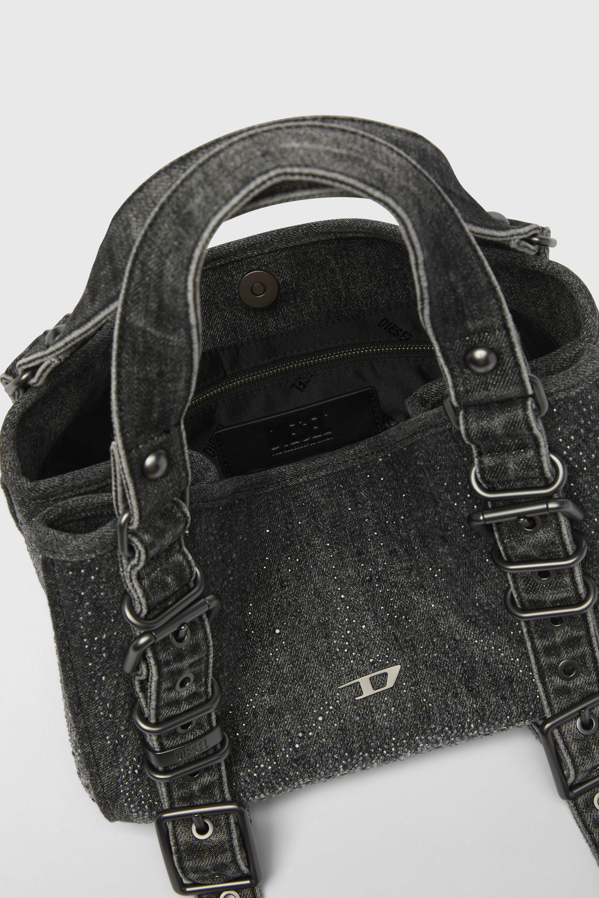 Diesel - D-ONE TOPHANDLE S, Woman's D-One-Small top-handle bag in crystal solarised denim in Black - 6