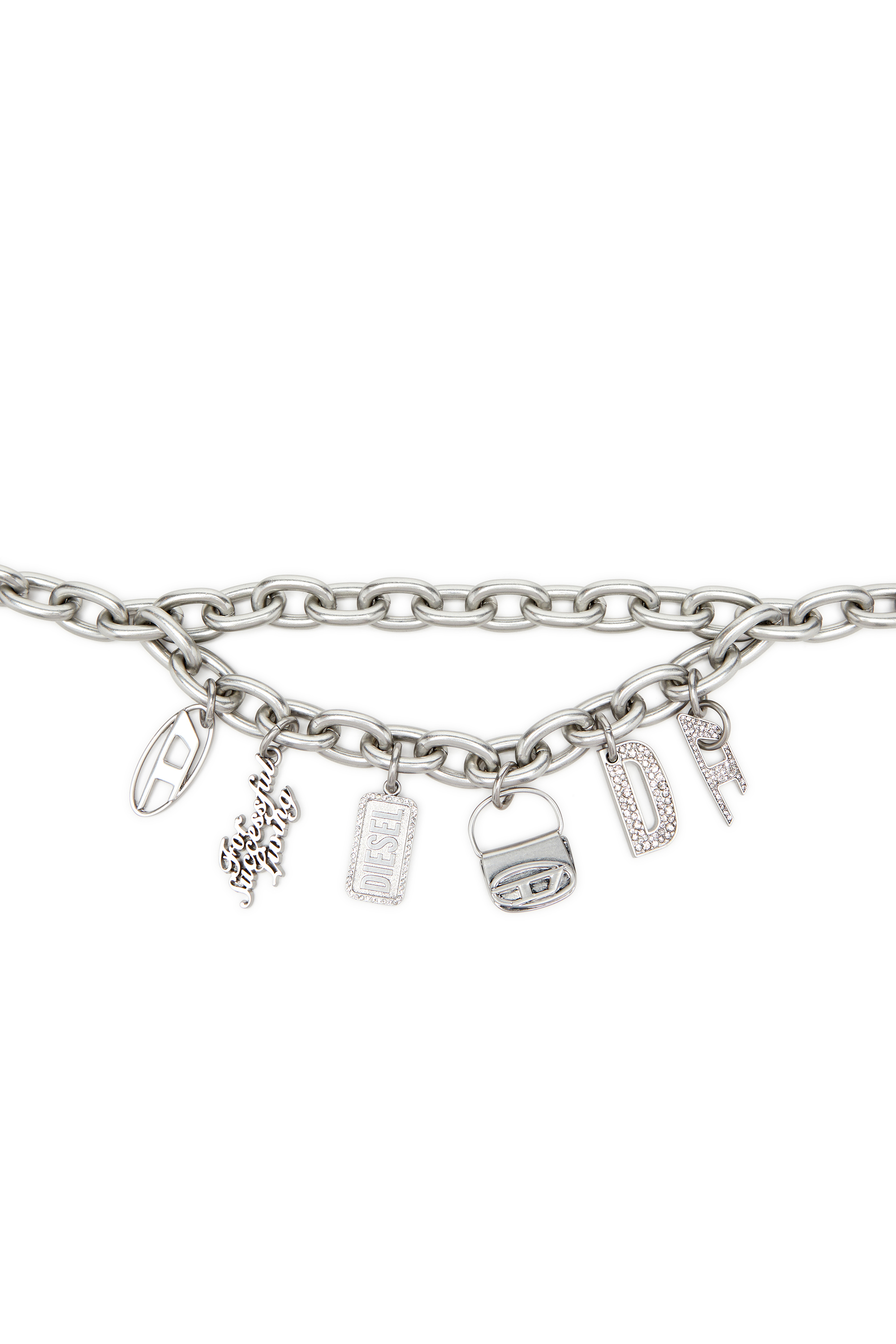 Diesel - B- MULTICHARM CHAIN, Woman's 1cm chain belt with logo charms in Silver - 3