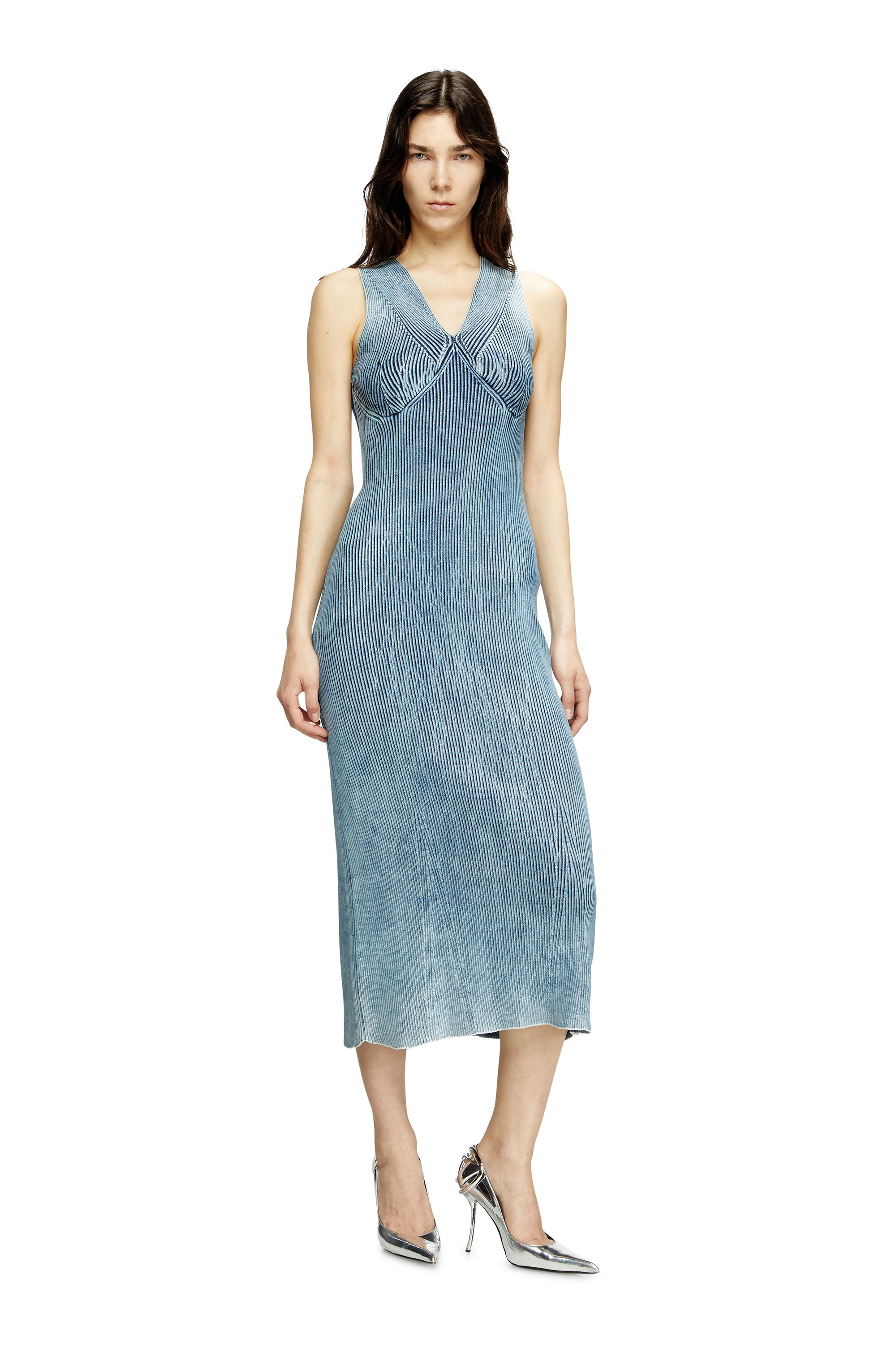M-MILONG, Light Blue Diesel - M-MILONG, Woman's Denim-yarn midi dress with shiny effect in Light Blue - 3
