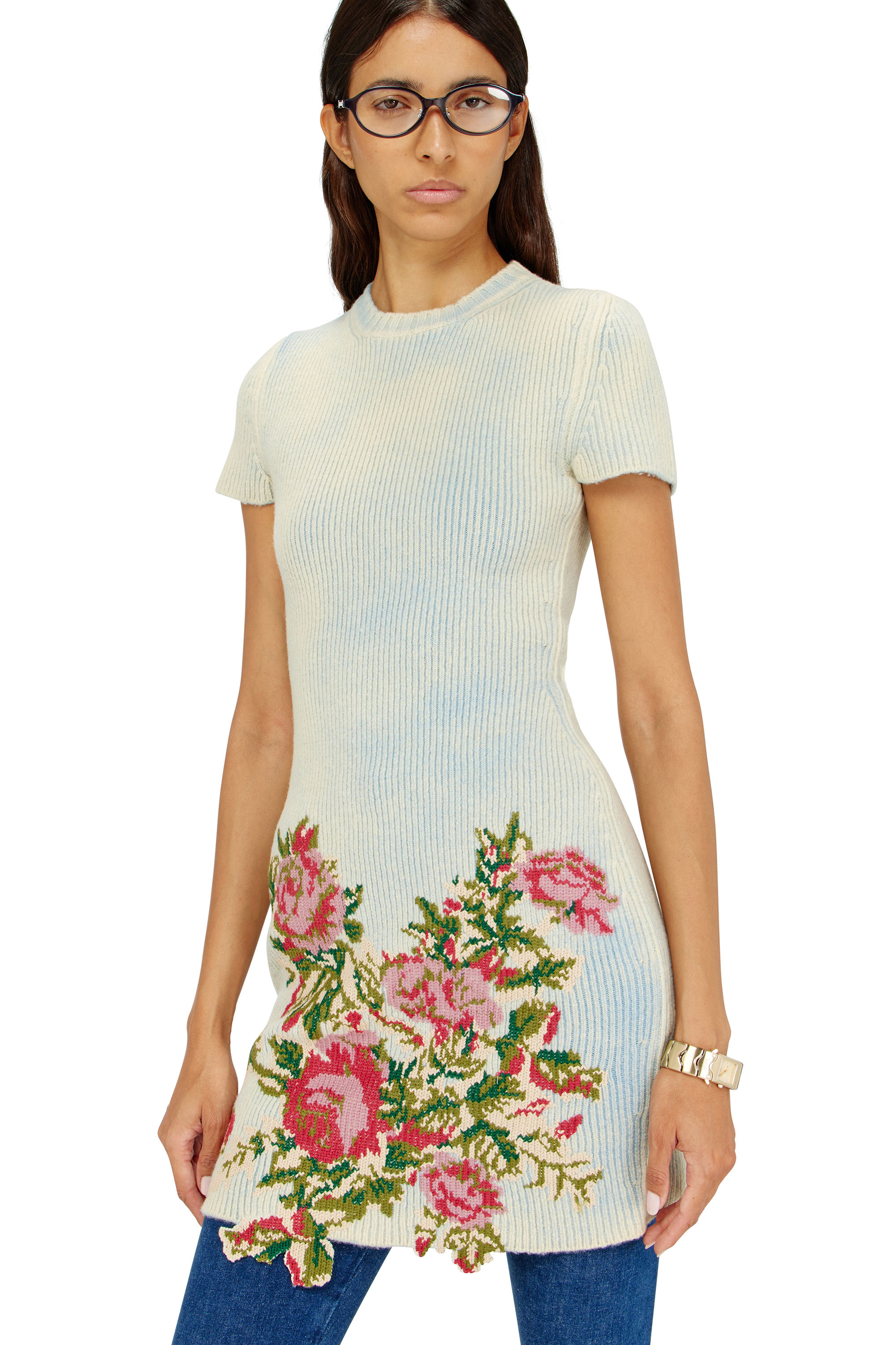 Diesel - M-RINNIE, Woman's Short dress in floral wool-blend knit in White - 4