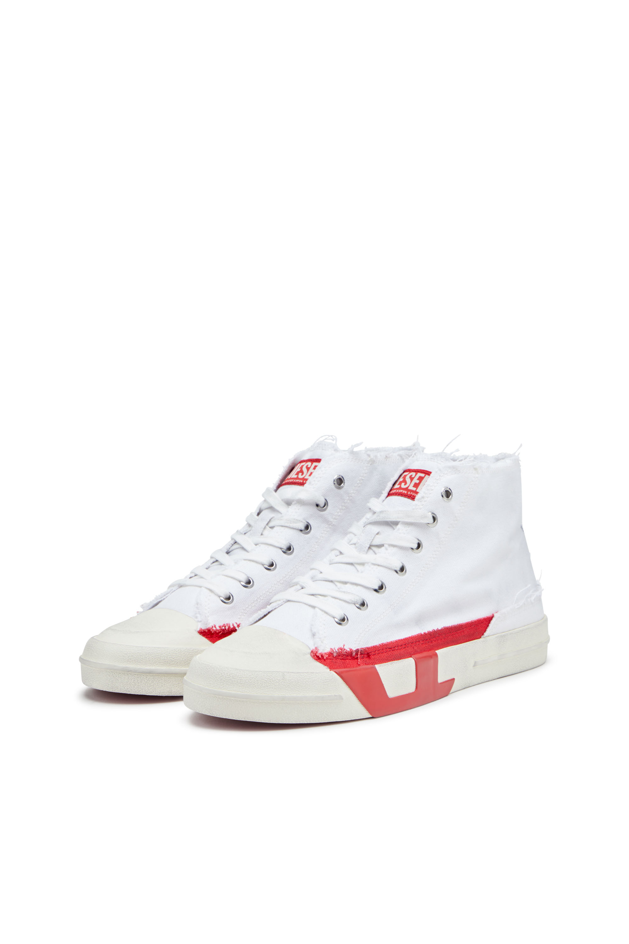 Diesel - S-D-VERSE MID, Man's S-D-Verse-Dirty-effect high-top canvas sneakers in White/Red - 8